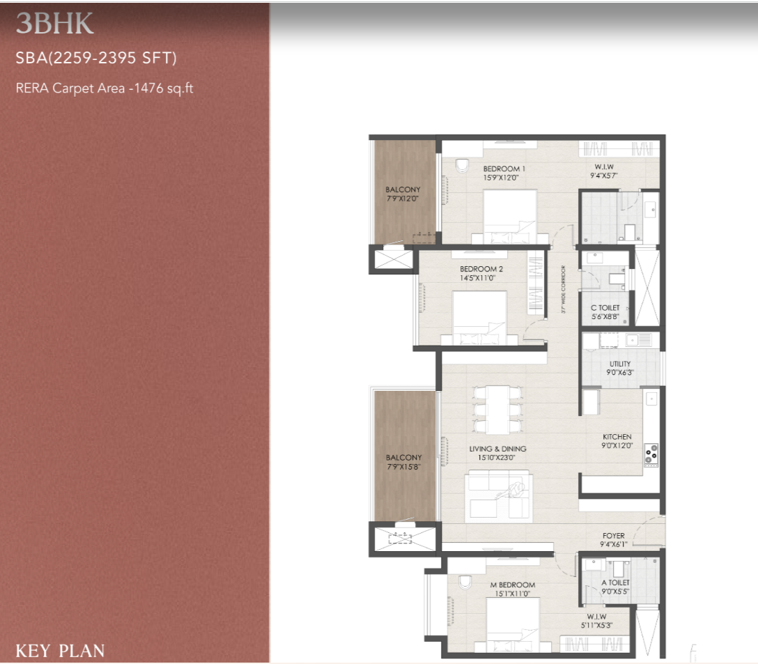 Vajram Chrysanthemum 3 BHK Premium Floor Plan Type 2
